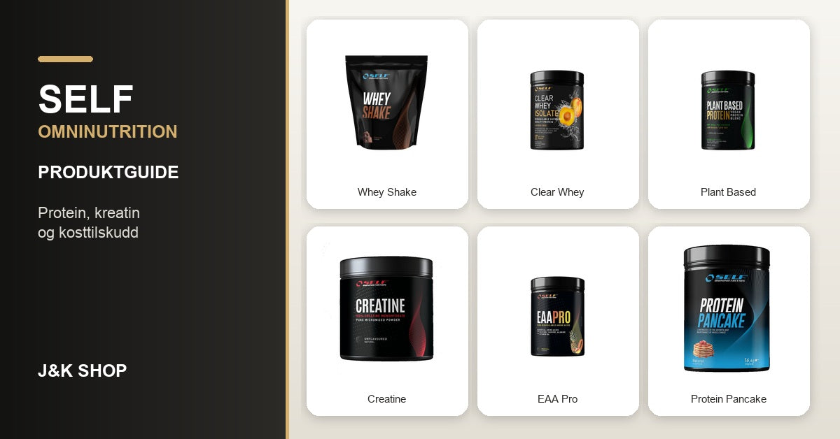 SELF Omninutrition oversikt med Whey Shake, Clear Whey, Plant Based Protein, Creatine, EAA Pro og Protein Pancake