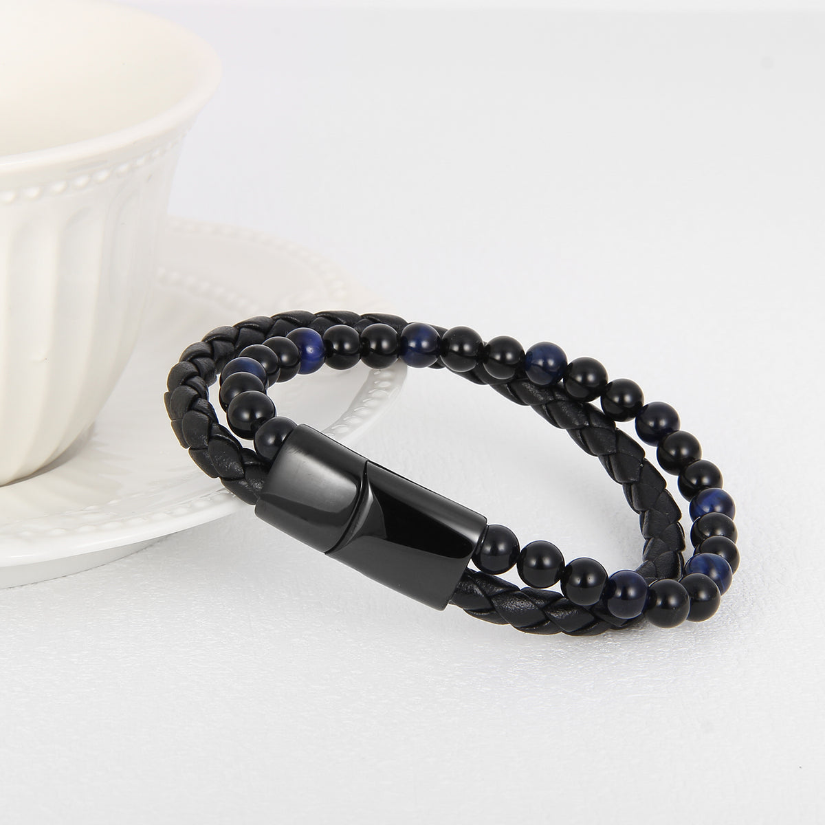 Midnight Magnetico - Flettet Lærarmbånd med Obsidian og Blå Tigerøye - - JK-Shop