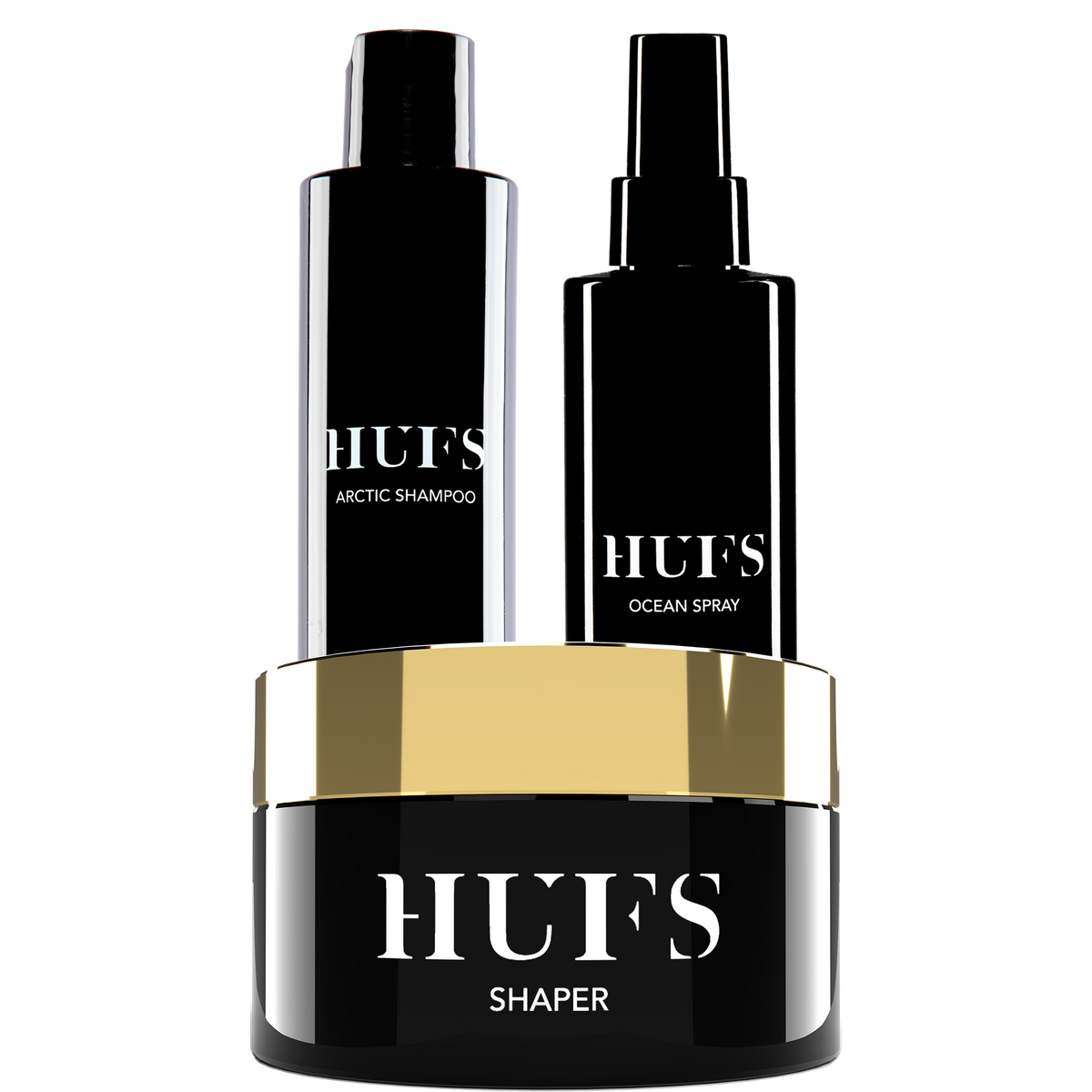 Hufs Gold Styling Set gavesett med Shaper, Ocean Spray og Arctic Shampoo