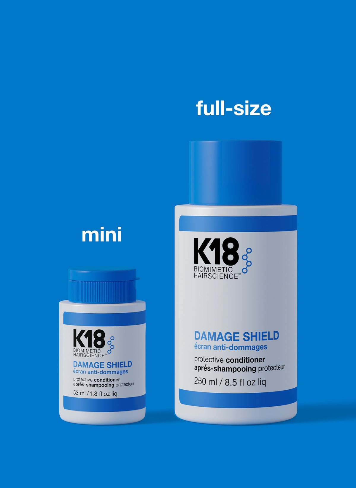 K18 Damage Shield Conditioner 53 ml og 250 ml størrelsessammenligning