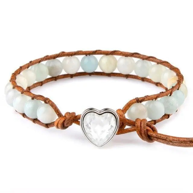 Ekte naturlig stein/perler i hjerteformet med skinnsnor armbånd-Armbånd-JKSHOP