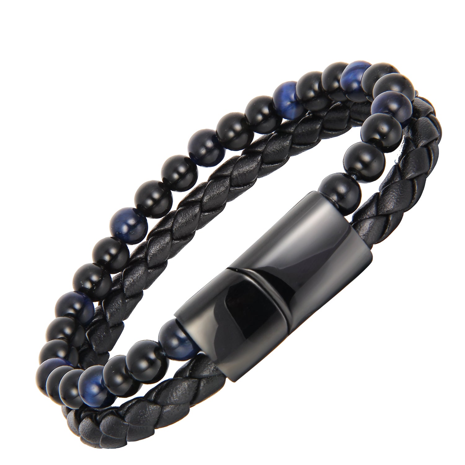 Midnight Magnetico - Flettet Lærarmbånd med Obsidian og Blå Tigerøye -  - JK-Shop